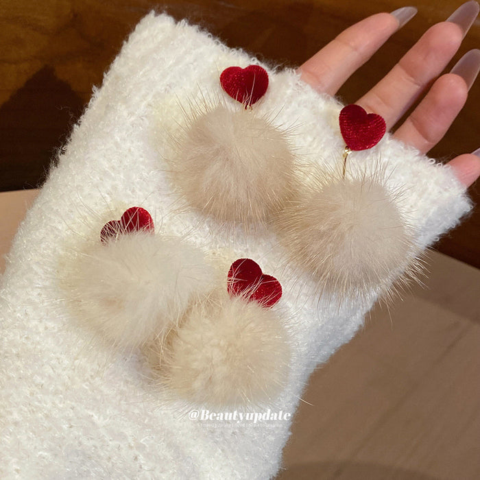 Red Heart and Faux Fur Pom Pom Drop Earrings Statement Fashion Jewelry