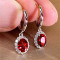Silver Tone Oval Halo Drop Hoop Earrings Red or Blue view 2