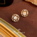Gold Tone Openwork Floral Frame Cream Round Stone Stud Earrings view 4