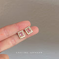 Pink CZ Rectangle Shell Stud Earrings Gold-Tone Frame view 3