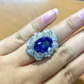 Silver Tone Oval Blue Floral Halo Cocktail Ring Sizes 6-10 view 3