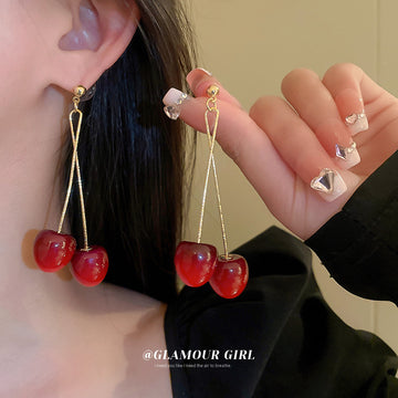 Red Cherry Drop Earrings With Gold-Tone Bars For Women