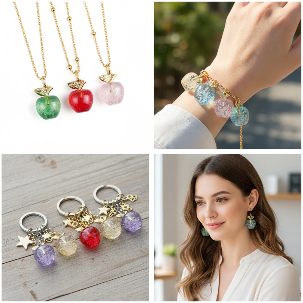 Iridescent Plated Transparent Acrylic 3D Apple Charm Pendant for Keychain Bag Jewelry Making