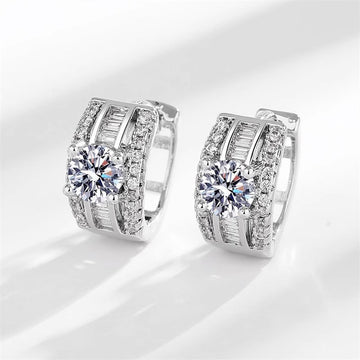 White Gold Huggie Hoop Earrings Round Center Clear Stones