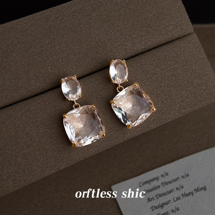 Gold Tone Clear Double Stone Square Drop Stud Earrings