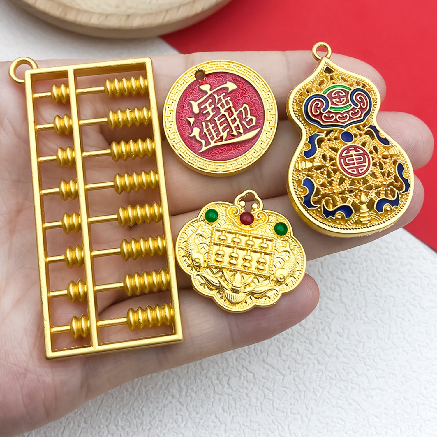 Old Gold Enamel Zinc Alloy Lion Dance Abacus Gourd Hollow Charm Pendant for DIY Bracelets