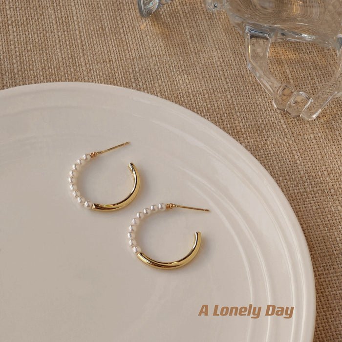 Gold Tone Half Pearl Half Tube C Hoop Earrings Pair