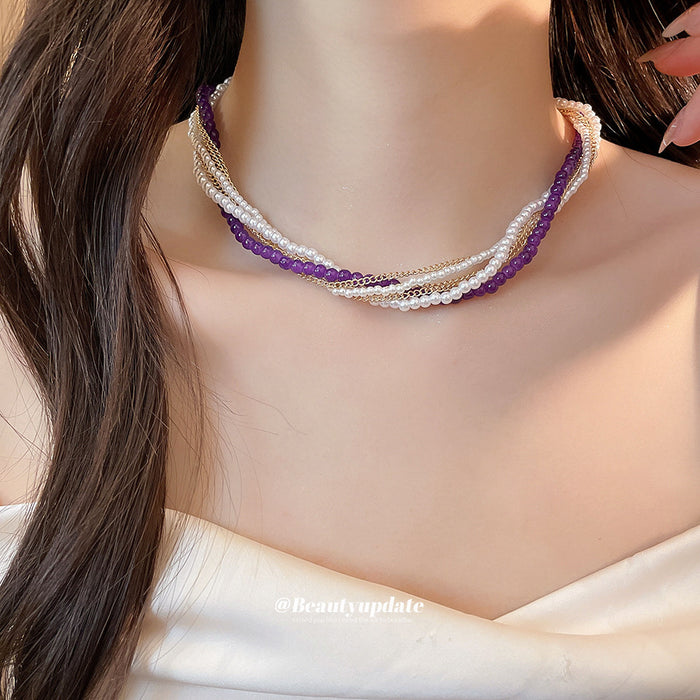 Purple Gold and Silver Tone Multi Strand Beaded Necklace