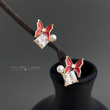 Gold Red Enamel Butterfly Clear CZ Pearl Stud Earrings