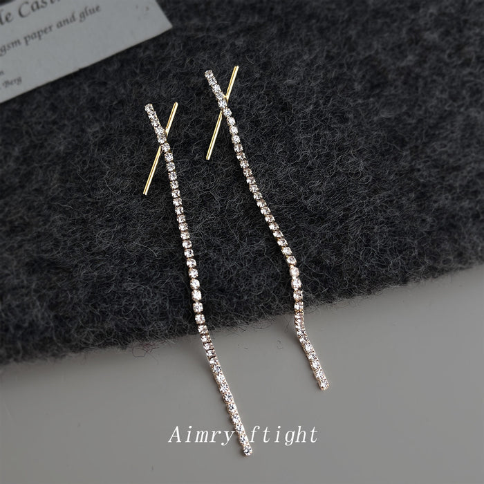 Gold Tone Slanted Bar Clear Stone Long Tassel Stud Earrings
