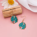 Teal Enamel Dinosaur Hook Earrings Red Heart Flower view 2