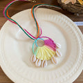 Rainbow Raffia Fan Cowrie Shell Necklace Earrings Beach Set view 6