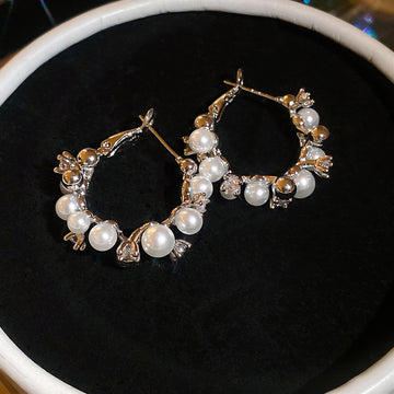 Silver Tone Hoop Earrings with Pearl Like Beads and Clear Crystals