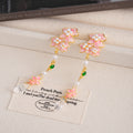 Pink Flower Green Bead Clear Teardrop Long Earrings view 4