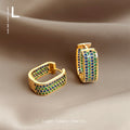 Gold-Tone Blue Green CZ Pave Square Huggie Earrings view 4