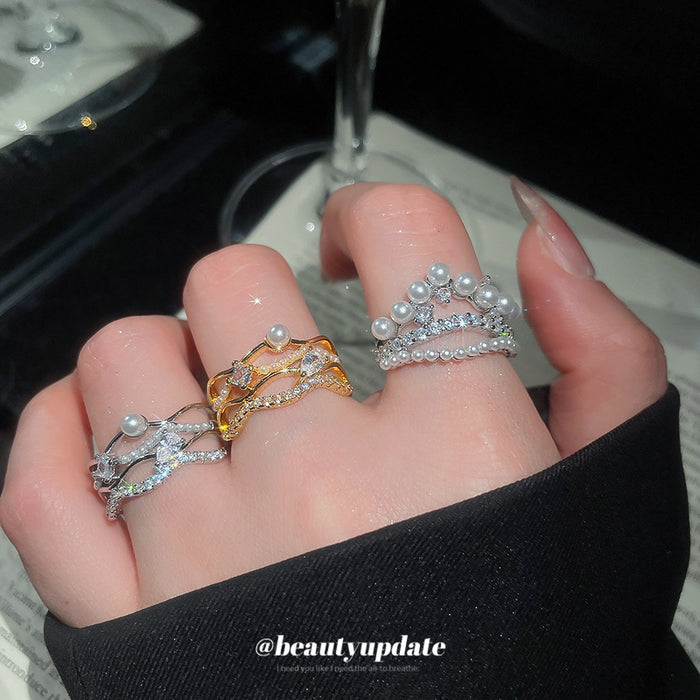 Pearl Crystal Open Multi Band Rings Silver and Gold