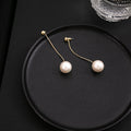 Gold Tone Curved Bar Pearl Ball Drop Stud Earrings view 3