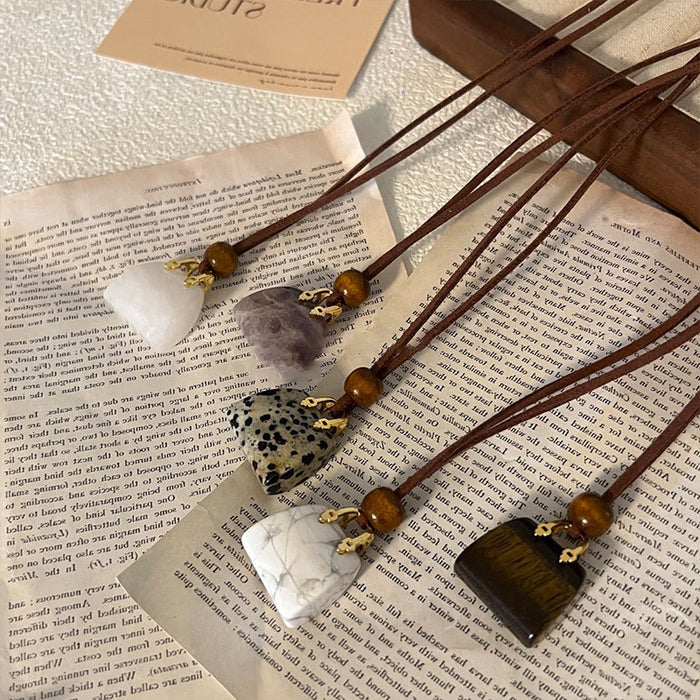 Brown Cord Stone Bag Charm Pendant Necklace Gold Hardware