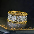 Two-Tone Leaf Scroll Clear Stone Wide Band Ring With Beaded Edges view 3