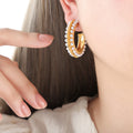 Steel C Hoop Earrings White Pearls Textured Metal Band view 1