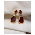 Wine Red Enamel Irregular Drop Earrings Gold Tone Pair view 1