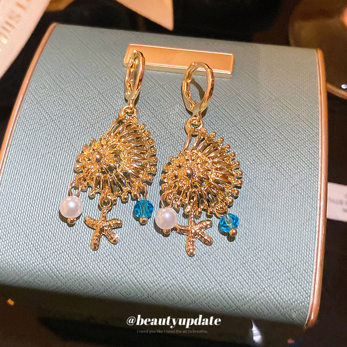 Gold-Tone Seashell And Starfish Pearl Huggie Earrings