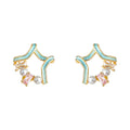 Open Star Stud Earrings Mint Enamel Pink Clear Stones view 5
