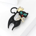 Black Cat Brooch With Crystal Crown Bow and Curled Tail view 2