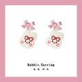 White Bunny Face Pink Bow Drop Earrings Matching Pair Style view 1