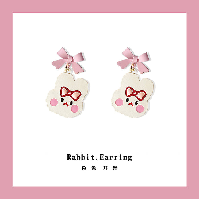 White Bunny Face Pink Bow Drop Earrings Matching Pair Style