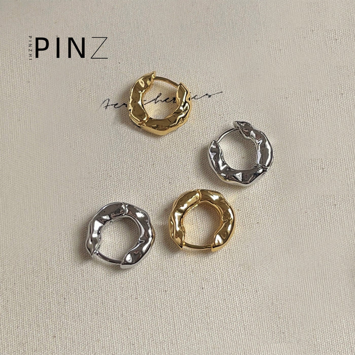 Textured Molten Metal Huggie Hoop Earrings Gold Silver Tone