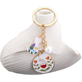 White Cat Flower and Pearl Enamel Charm Keychain with Round Ring view 5