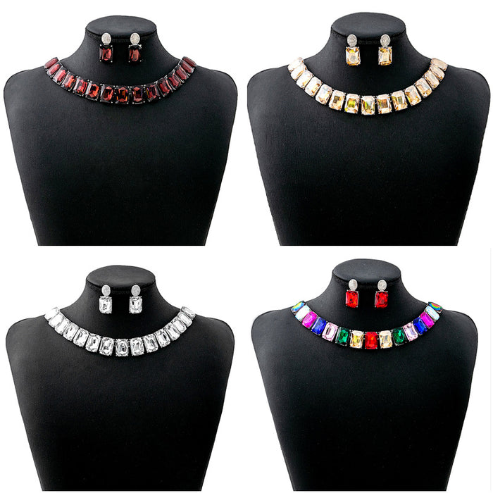 Four Color Rectangular Crystal Look Necklace and Earring Sets