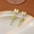 Cream Butterfly Stud Earrings Gold Vine Green Bead Drops view 3