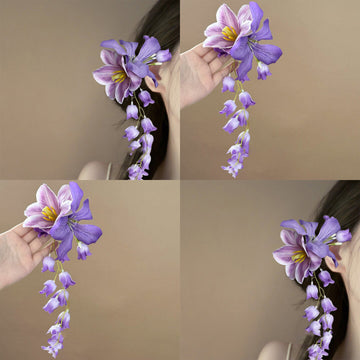 Purple Fabric Flower Hair Clip Cascading Bell Bloom