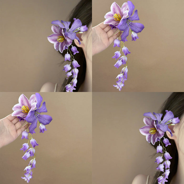 Purple Fabric Flower Hair Clip Cascading Bell Bloom