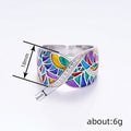 Multicolor Enamel Mosaic Crossover Wide Ring In Silver Tone view 4