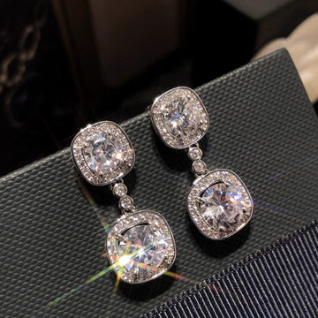 Silver-Tone Double Cushion Drop Earrings with Clear Stone Details