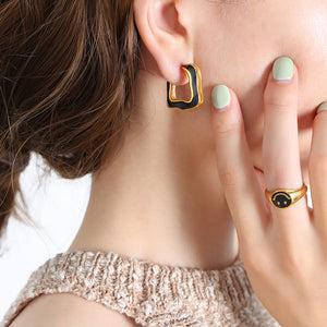 Gold Steel Black Enamel Irregular C Shape Geometric Earrings