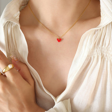 Gold Tone Red Heart Pendant Necklace Cable Chain Clavicle Style