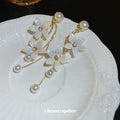 White Floral Branch Drop Earrings With Pearl Accents view 4