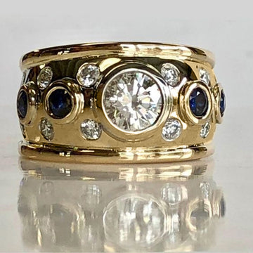 Gold Tone Wide Band Round Crystal Blue Side Stone Ring 6-10