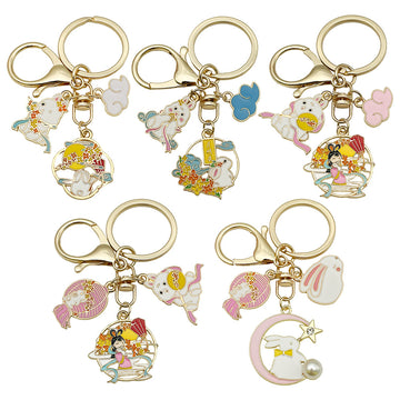 Colorful Mid Autumn Moon Rabbit and Lantern Metal Keychain Pair