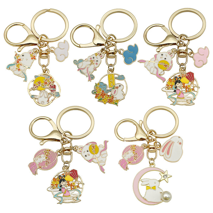 Colorful Mid Autumn Moon Rabbit and Lantern Metal Keychain Pair