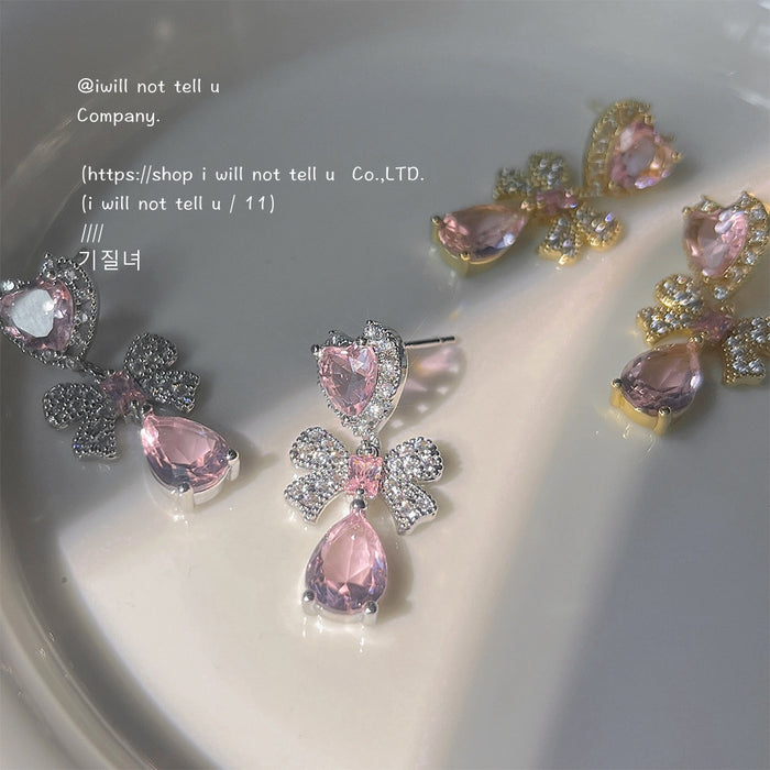 Pink Heart Bow Teardrop Zircon Drop Earrings Gold Silver