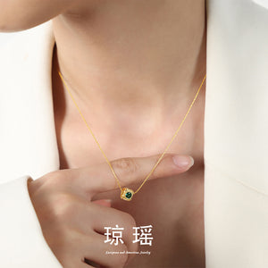 Gold Square Green Stone Pendant Necklace Beaded Frame