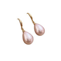 Gold Tone Pink Oval Pearl Long Pendant Hook Earrings view 5