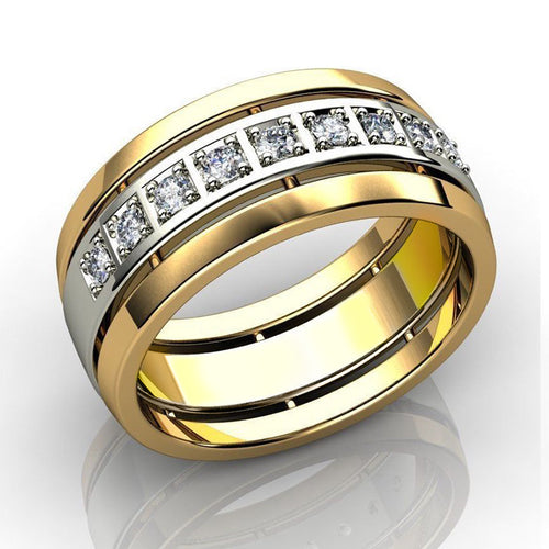 Product view showing gold and silver-tone square clear-stone channel wide band ring