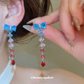 Blue Pink and Red Crystal Bow Long Drop Earrings Fashion Jewelry view 2