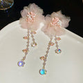 Pink Tulle Flower Pearl Drop Earrings and White Floral Necklace view 6